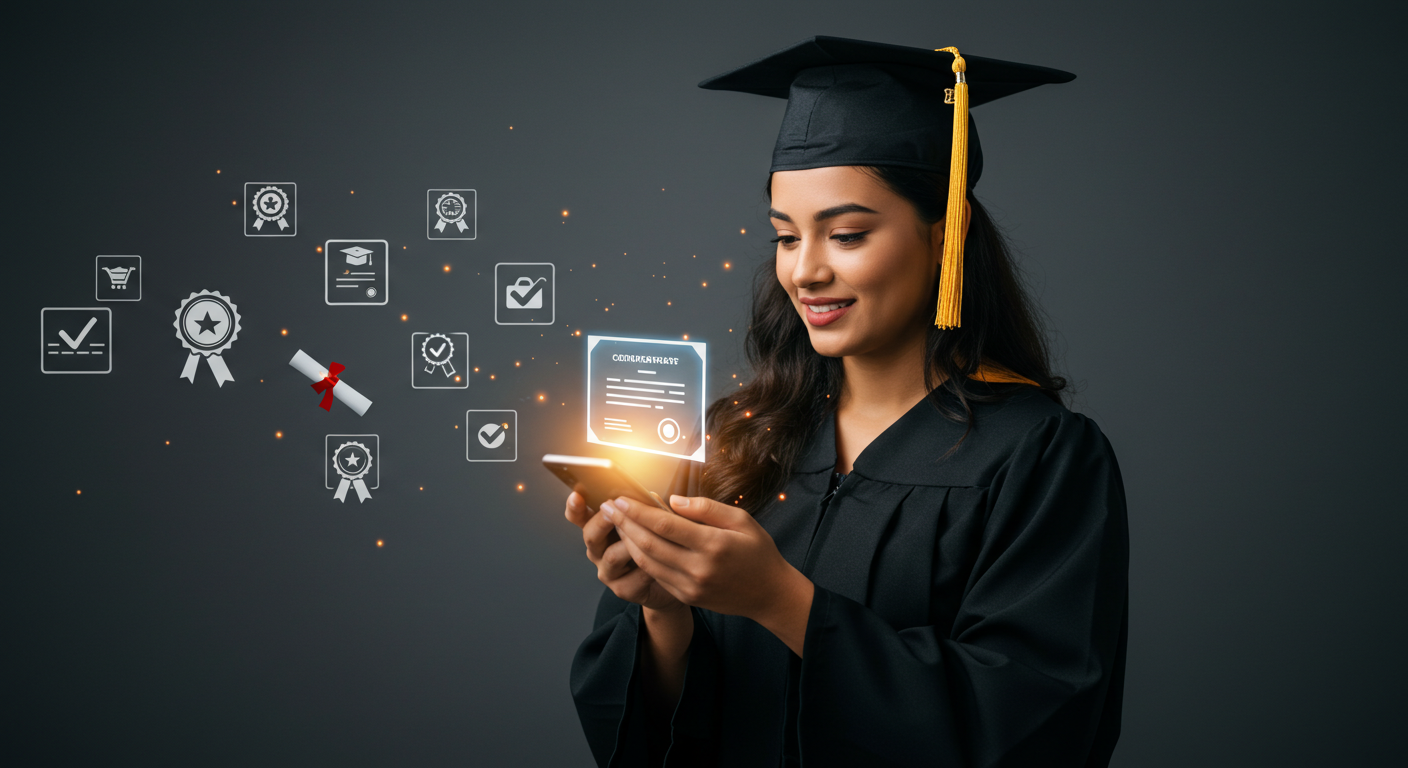 Graduate holding digital certificate with academic achievement icons